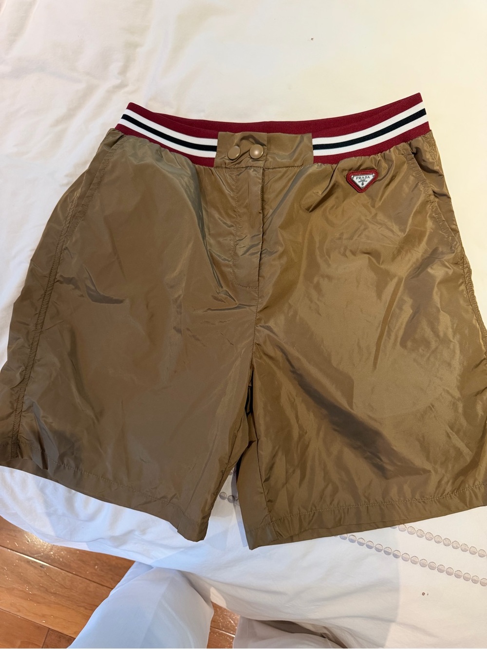 Prada Brown Nylon Swim Shorts with Red-Trim Waistband